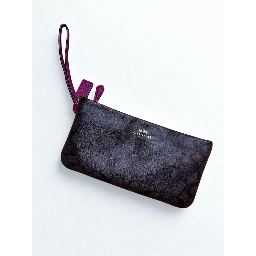 Coach Large Corner Zip Wristlet Signature Coated Canvas Fuchsia Leather Piping